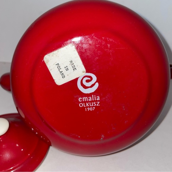 Red Enamelware Tea Kettle 1907 by Emalia Olkusz Stovetop Tea Pot Poland - Picture 6 of 10